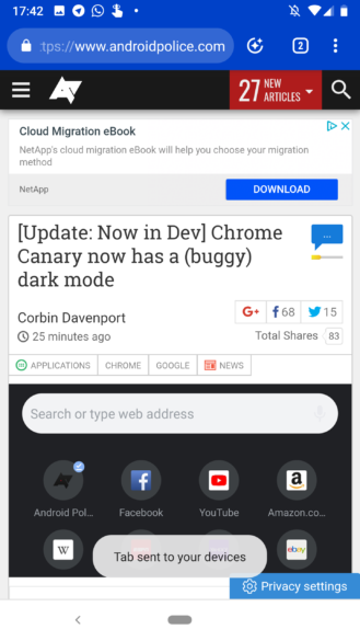 [Update: Live in Stable for some] Du kan direkt skicka flikar till dina andra enheter på Chrome Canary v75 2