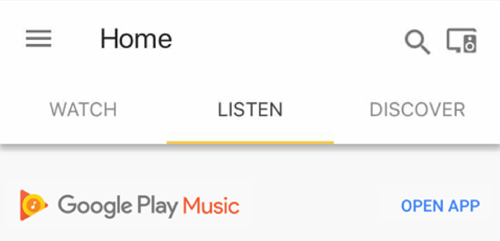 O aplicativo Google Home atualizado com a nova guia 'Ouvir' mostra a transmissão de músicas do Play Music e Spotify