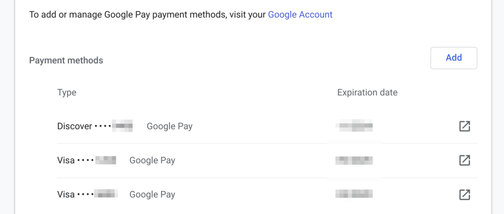 Cartões do Google Pay do Chrome