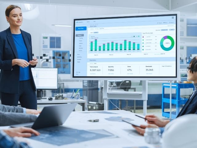 Woman dressed in blue business attire presents  large marketing analytics screen to co-workers who are sitting at a table and listening to her attentively.